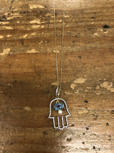 Large Hamsa with Stones /eye Sterling Necklace