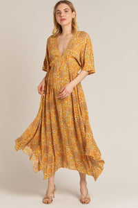 En Mustard V Neck Kimono Slv Maxi dress