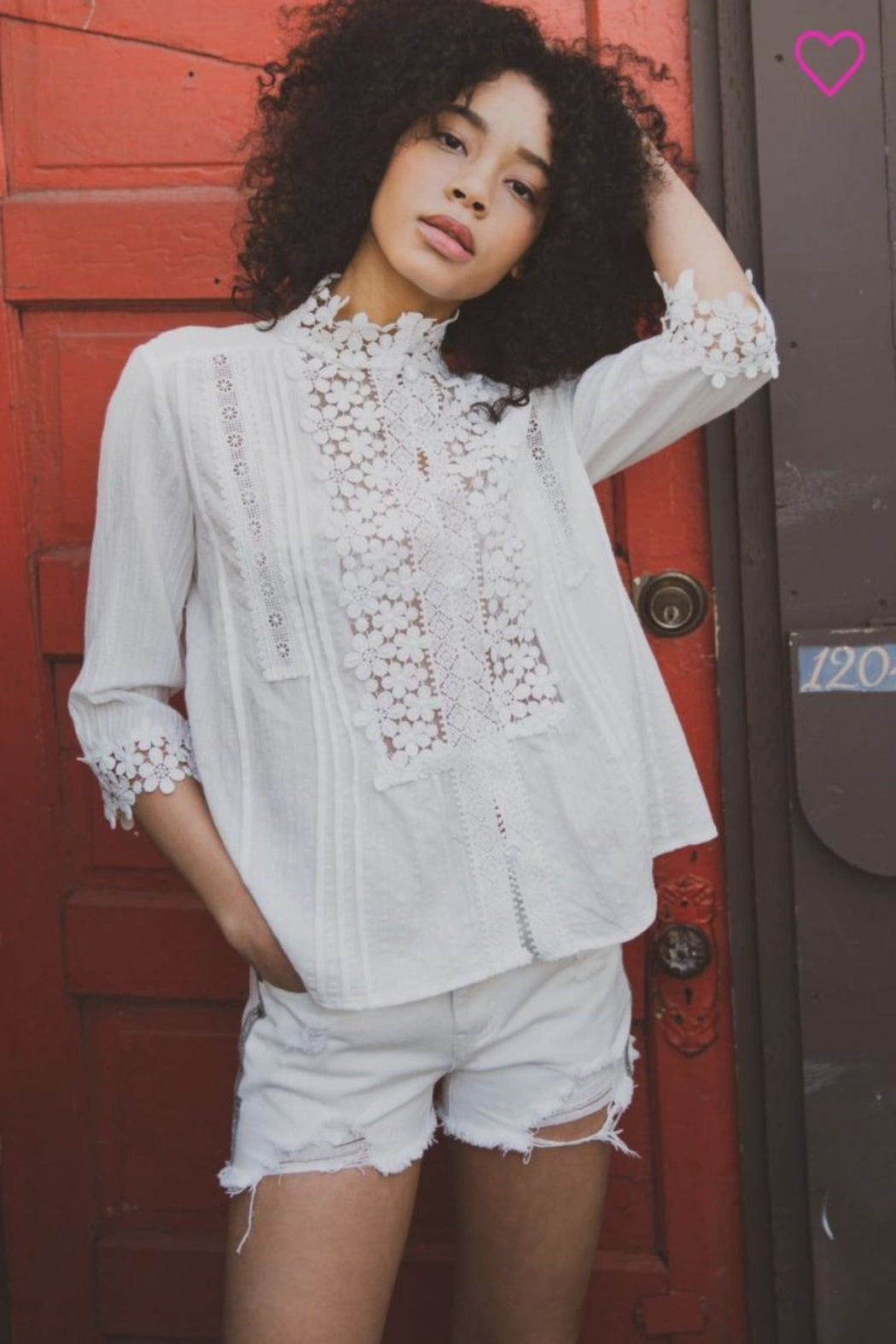 PO- Blouse w/ Floral Mock Neck and eyelet detail