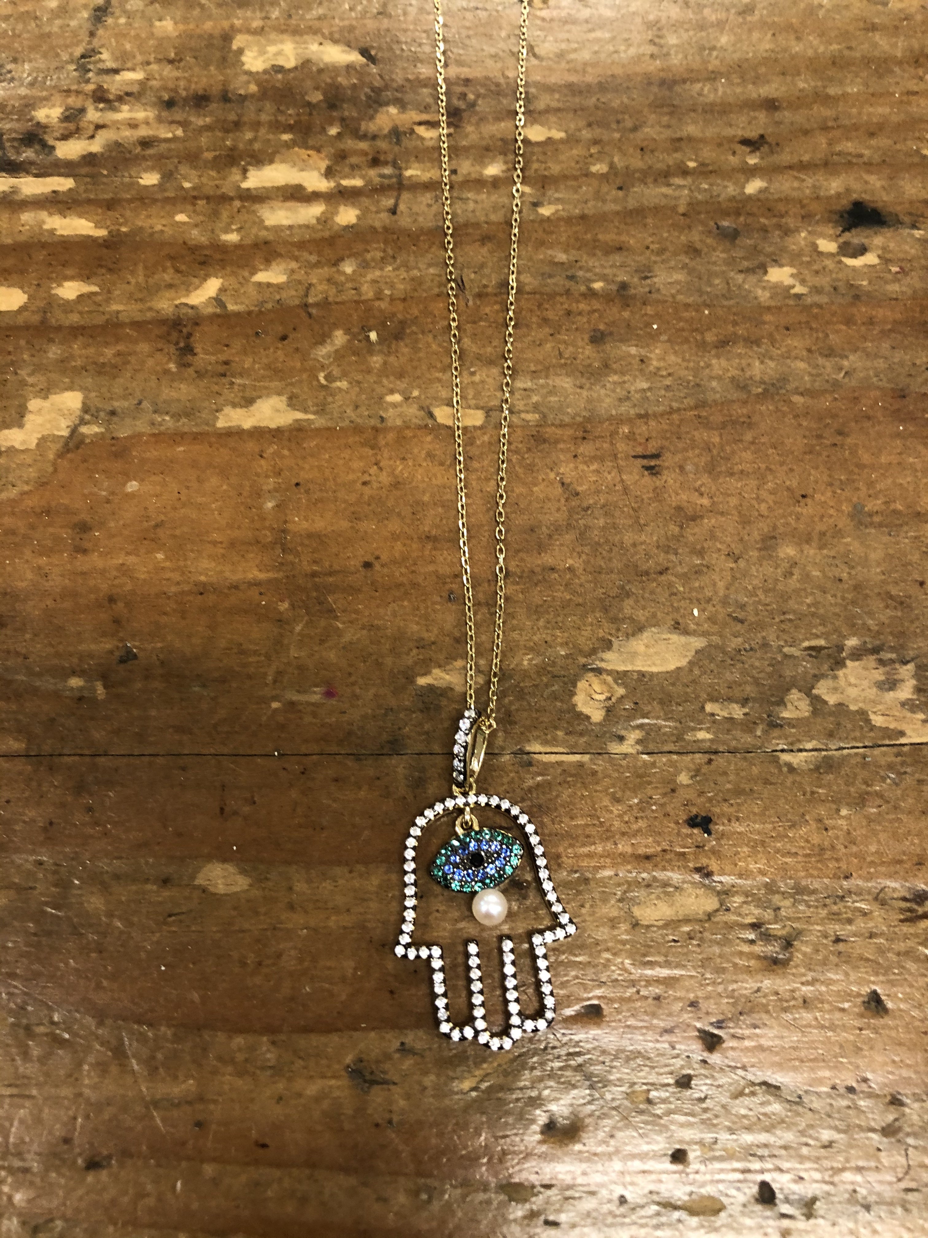 Large Hamsa with Stones /eye Sterling Necklace